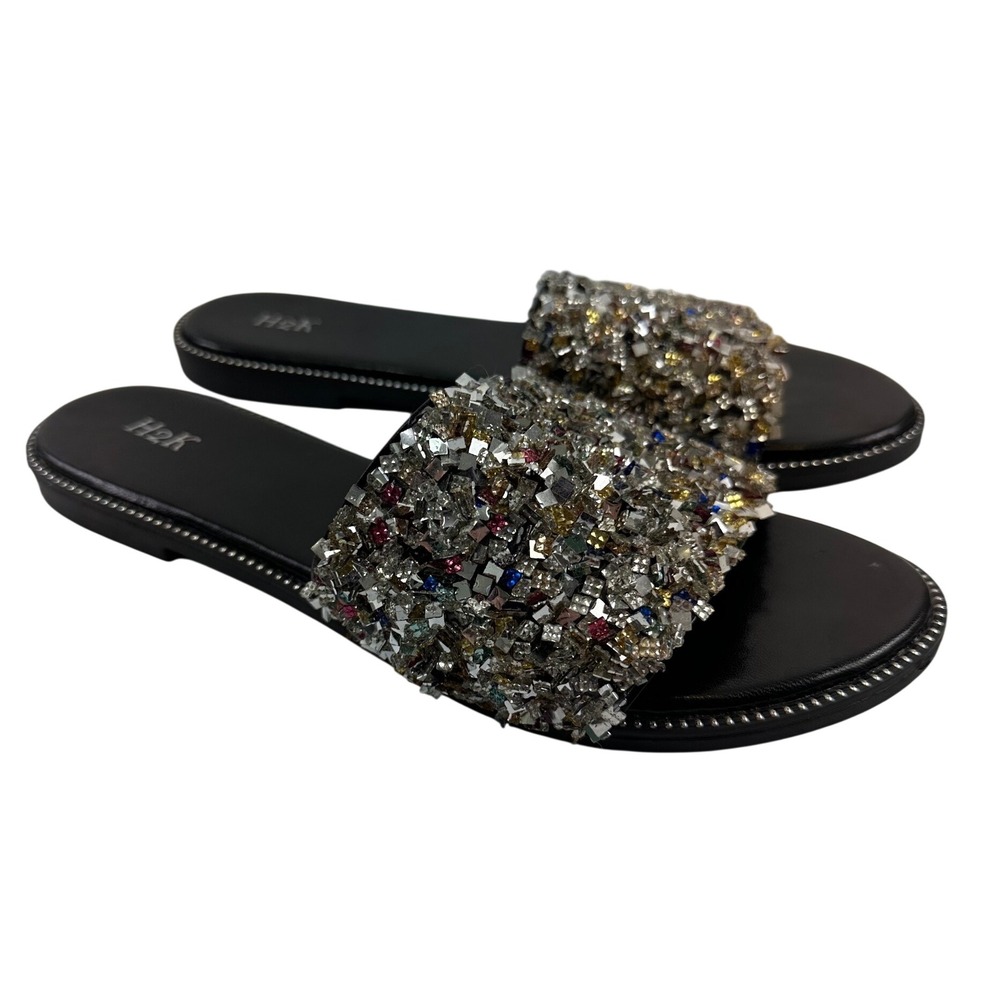 H2K Dream Black Glitter Bling Slide Sandal Embellished Crystal Flat Womens 10